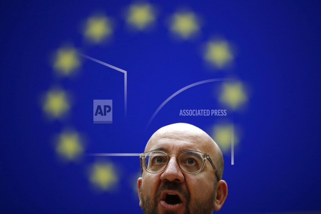 Francisco Seco European Council President Charles Michel addresses European lawmakers during a plenary session on the inauguration of the new President of the United States and the current political situation, at the European Parliament in Brussels, Wednesday, Jan. 20, 2021. (AP Photo/Francisco Seco, Pool)