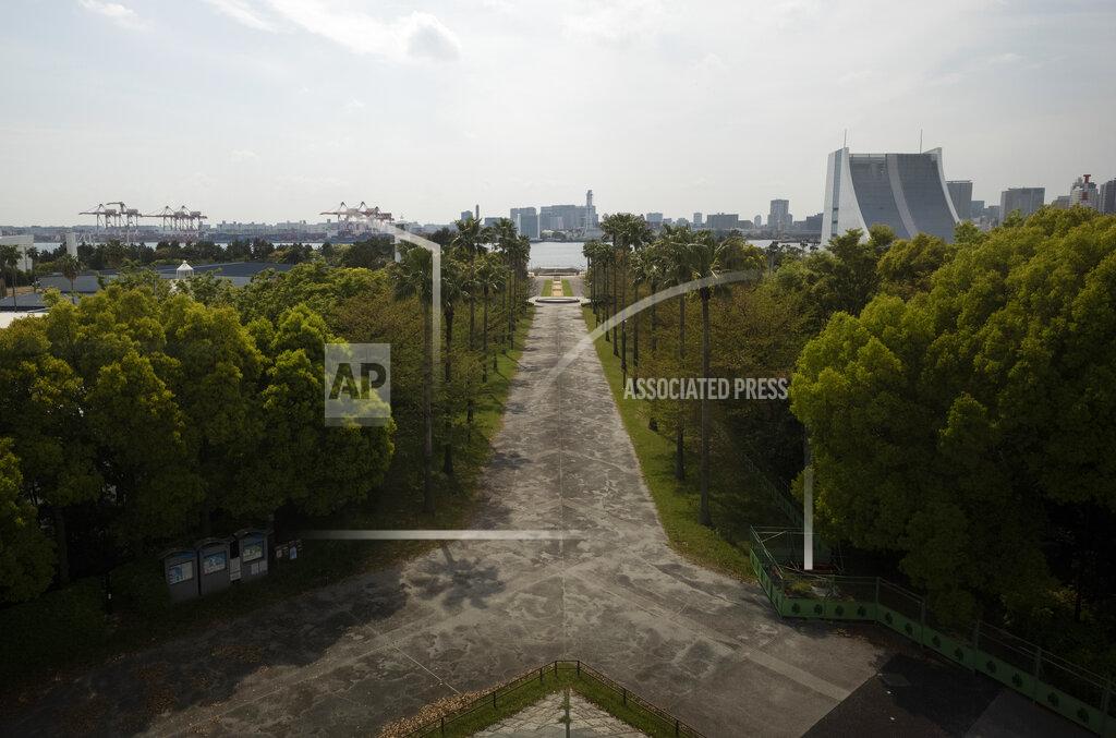 Hiro Komae This photo shows part of the Shiokaze Park, planned to be used for the postponed Tokyo 2020 Olympic Games, in Tokyo Thursday, April 8, 2021. Many preparations are still up in the air as organizers try to figure out how to hold the postponed games in the middle of a pandemic. (AP Photo/Hiro Komae)