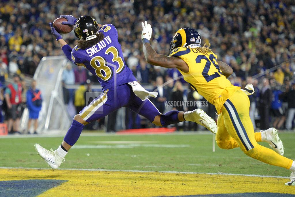 Kyusung Gong Baltimore Ravens wide receiver Willie Snead catches a touchdown pass in front of Los Angeles Rams defensive back Marqui Christian during the first half of an NFL football game Monday, Nov. 25, 2019, in Los Angeles. (AP Photo/Kyusung Gong)