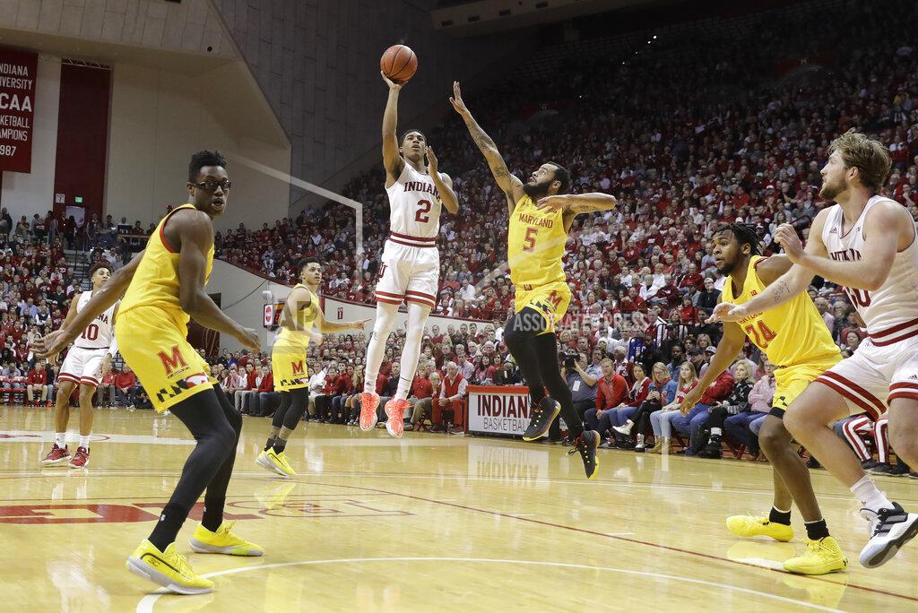 Darron Cummings Indiana's Armaan Franklin (2) shoots against Maryland's Eric Ayala (5) during the first half of an NCAA college basketball game, Sunday, Jan. 26, 2020, in Bloomington, Ind. (AP Photo/Darron Cummings)