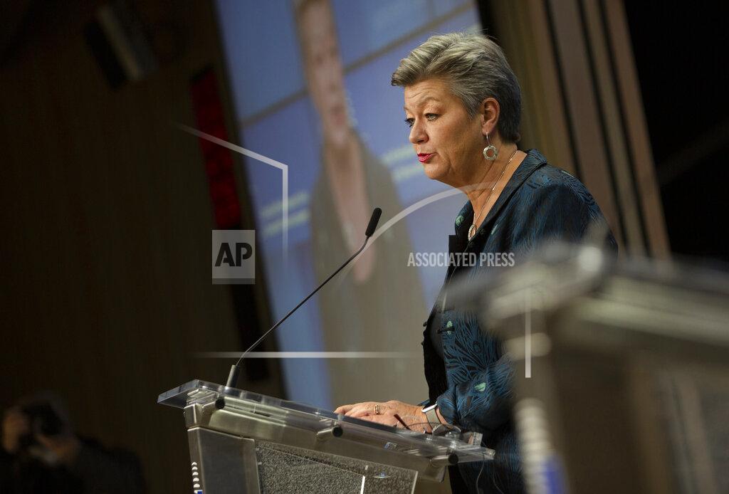 Virginia Mayo European Commissioner for Home Affairs Ylva Johansson speaks during a media conference after a meeting of EU interior ministers at the European Council building in Brussels, Friday, Nov. 13, 2020. (AP Photo/Virginia Mayo, Pool)