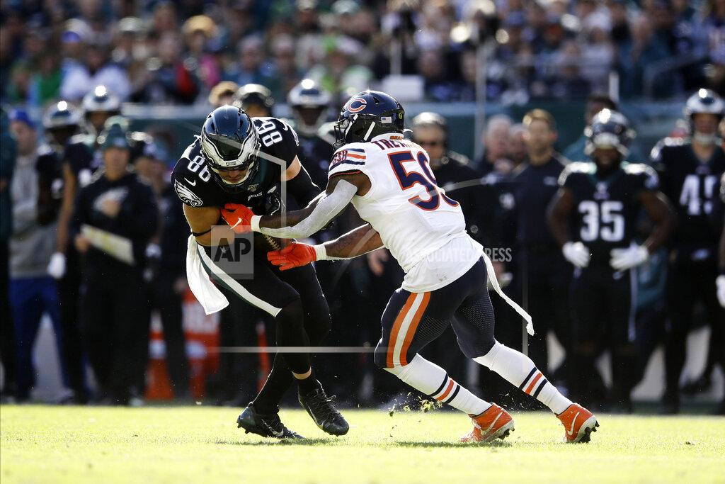 Matt Rourke Philadelphia Eagles' Zach Ertz, left, is tackled by Chicago Bears' Danny Trevathan during the first half of an NFL football game, Sunday, Nov. 3, 2019, in Philadelphia. (AP Photo/Matt Rourke)