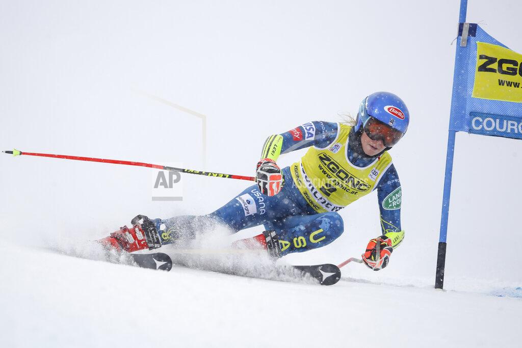 Marco Trovati United States' Mikaela Shiffrin speeds down the course during an alpine ski, women's World Cup giant slalom in Courchevel, France, Saturday, Dec. 12, 2020. (AP Photo/Marco Trovati)