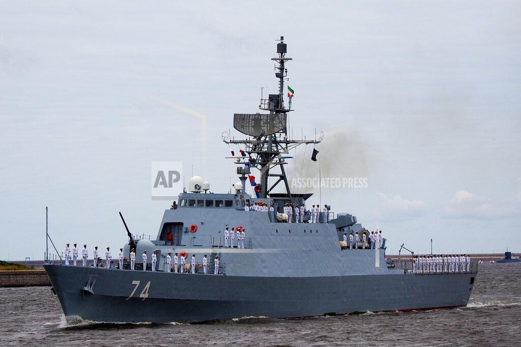 Uncredited Iranian frigate "Sahand" of the Southern Fleet of the Islamic Republic of Iran Navy takes part in the military parade during celebrations for Navy Day, in Kronshtadt outside St.Petersburg, Russia, Sunday, July 25, 2021. (AP Photo)