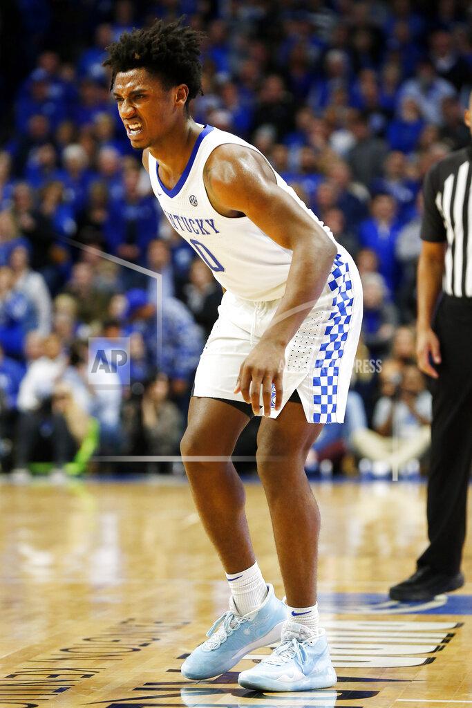 James Crisp Kentucky's Ashton Hagans limps off the court with an ankle injury during the second half of an NCAA college basketball game against Missouri in Lexington, Ky., Saturday, Jan 4, 2020. Kentucky won 71-59. (AP Photo/James Crisp)