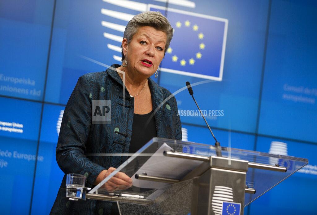 Virginia Mayo European Commissioner for Home Affairs Ylva Johansson speaks during a media conference after a meeting of EU interior ministers at the European Council building in Brussels, Friday, Nov. 13, 2020. (AP Photo/Virginia Mayo, Pool)