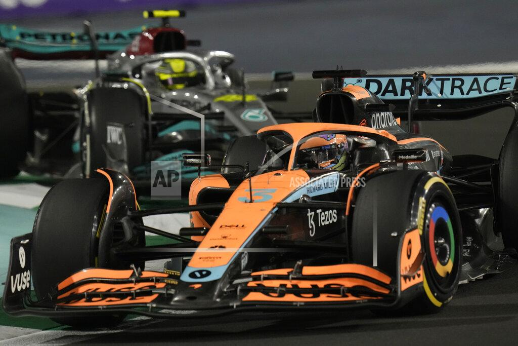 Hassan Ammar Mclaren driver Daniel Ricciardo of Australia steers his car during q the Formula One Grand Prix it in Jiddah, Saudi Arabia, Sunday, March 27, 2022. (AP Photo/Hassan Ammar)