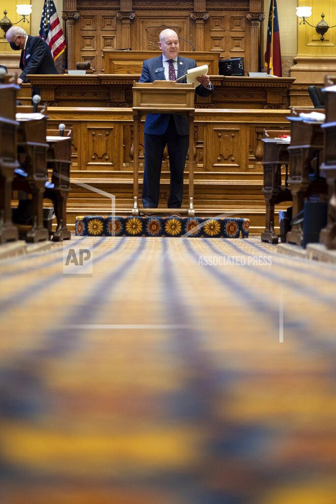 Ben Gray Georgia State Sen. Mike Dugan (R-Carrollton) presents Senate Bill 241, which changes Georgia's voting laws, Monday, March 8, 2021, in Atlanta. (AP Photo/Ben Gray)