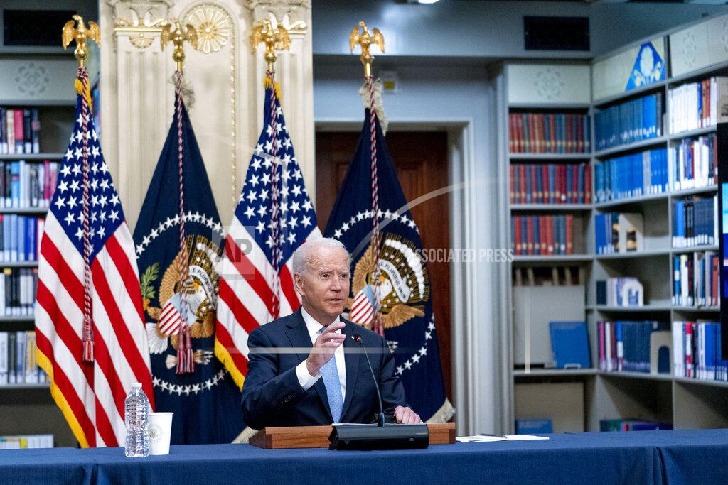 Andrew Harnik President Joe Biden speaks during a meeting with business leaders and CEOs on the COVID-19 response in the library of the Eisenhower Executive Office Building on the White House campus in Washington, Wednesday, Sept. 15, 2021. (AP Photo/Andrew Harnik)