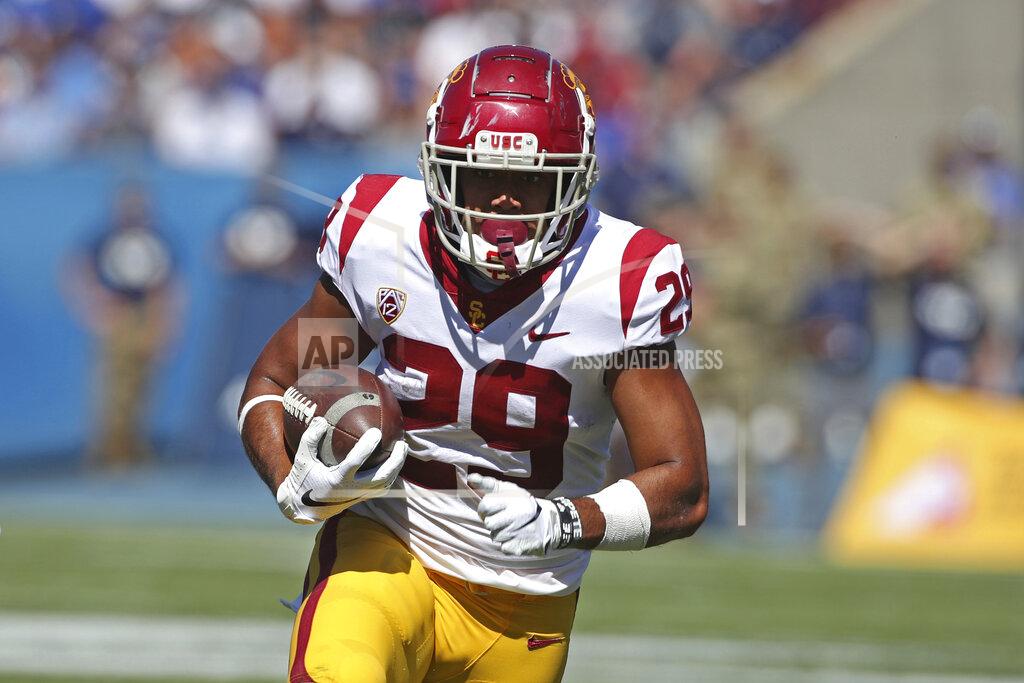 George Frey Southern California running back Vavae Malepeai (29) runs the ball in the first half against BYU during an NCAA college football game, Saturday, Sept. 14, 2019, in Provo, Utah. (AP Photo/George Frey)