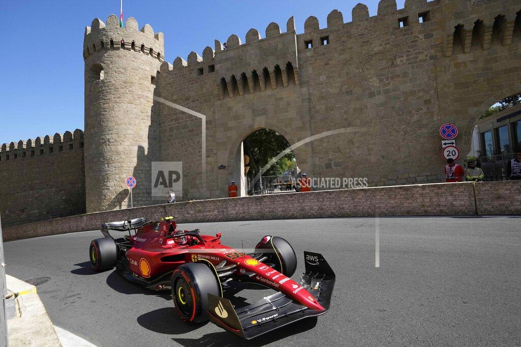 Sergei Grits Ferrari driver Carlos Sainz of Spain steers his car during the first free practice at the Baku circuit, in Baku, Azerbaijan, Friday, June 10, 2022. The Formula One Grand Prix will be held on Sunday. (AP Photo/Sergei Grits)