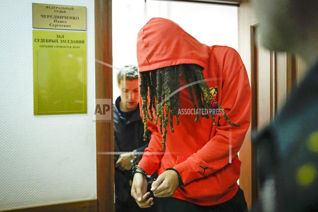 Alexander Zemlianichenko WNBA star and two-time Olympic gold medalist Brittney Griner leaves a courtroom after a hearing, in Khimki just outside Moscow, Russia, Friday, May 13, 2022. Griner, a two-time Olympic gold medalist, was detained at the Moscow airport in February after vape cartridges containing oil derived from cannabis were allegedly found in her luggage, which could carry a maximum penalty of 10 years in prison. (AP Photo/Alexander Zemlianichenko)