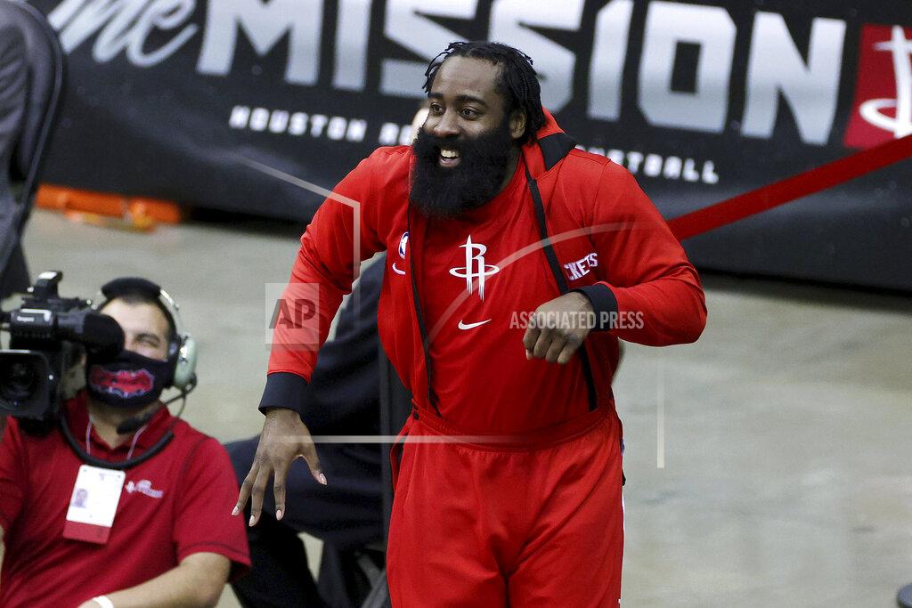 Carmen Mandato Houston Rockets' James Harden reacts during the fourth quarter of an NBA basketball game against the San Antonio Spurs in Houston, Thursday, Dec. 17, 2020. (Carmen Mandato/Pool Photo via AP)