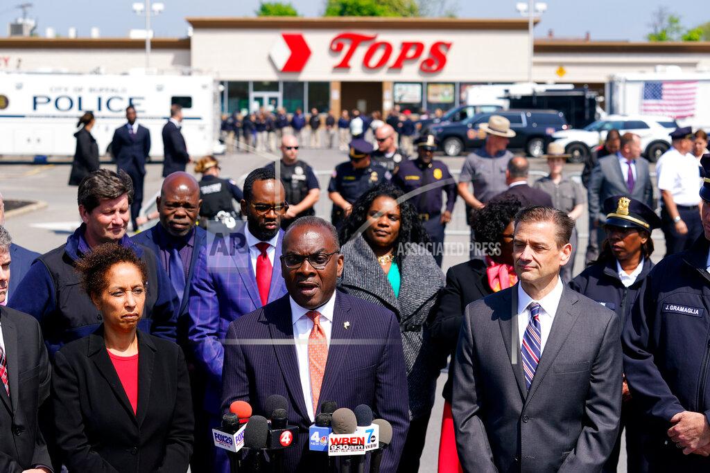 Matt Rourke Buffalo Mayor Byron Brown speaks with members of the media at the scene of Saturday's shooting at a supermarket, in Buffalo, Thursday, May 19, 2022. (AP Photo/Matt Rourke)