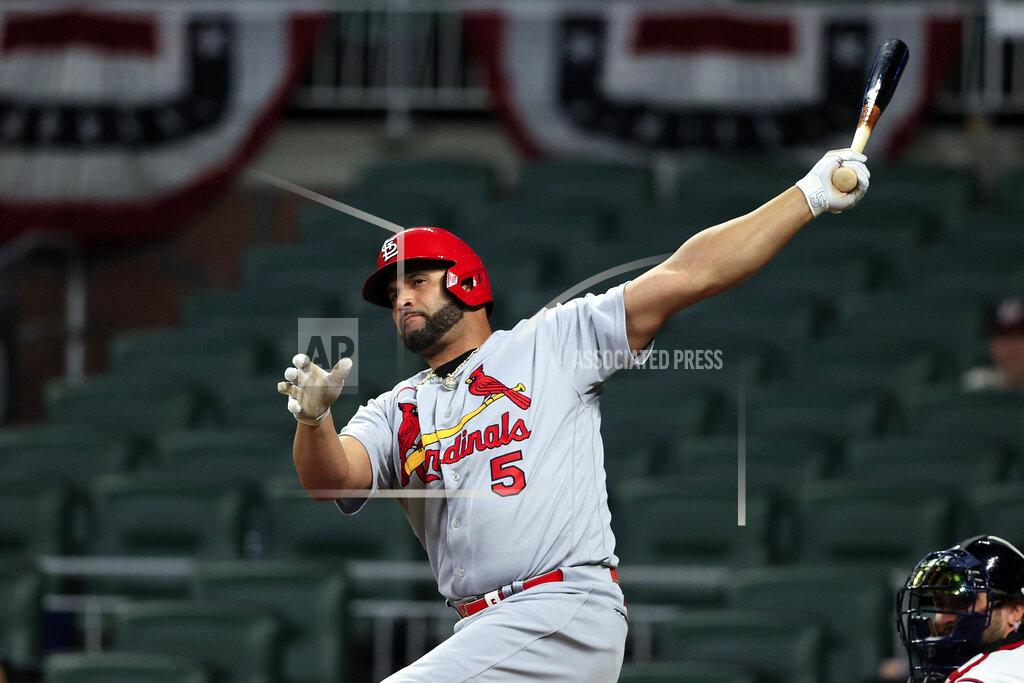 Butch Dill St. Louis Cardinals' Albert Pujols watches his hit go foul during the ninth inning of a baseball game against the Atlanta Braves Tuesday, July 5, 2022, in Atlanta. (AP Photo/Butch Dill)