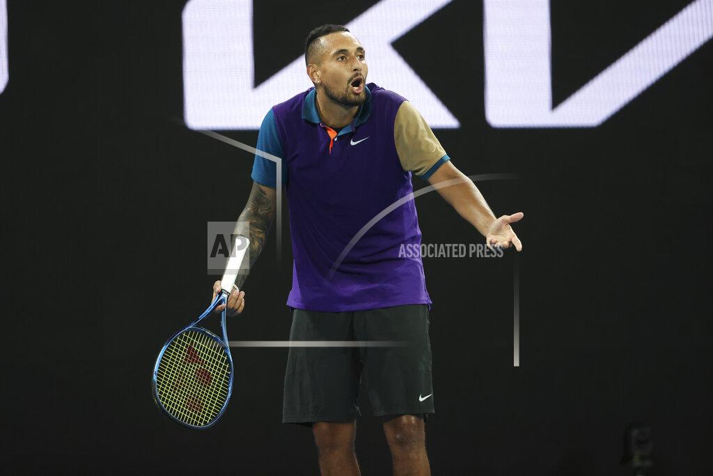 Hamish Blair Australia's Nick Kyrgios reacts during match against Portugal's Frederico Ferreira at the Australian Open tennis championship in Melbourne, Australia, Monday, Feb. 8, 2021. (AP Photo/Hamish Blair)
