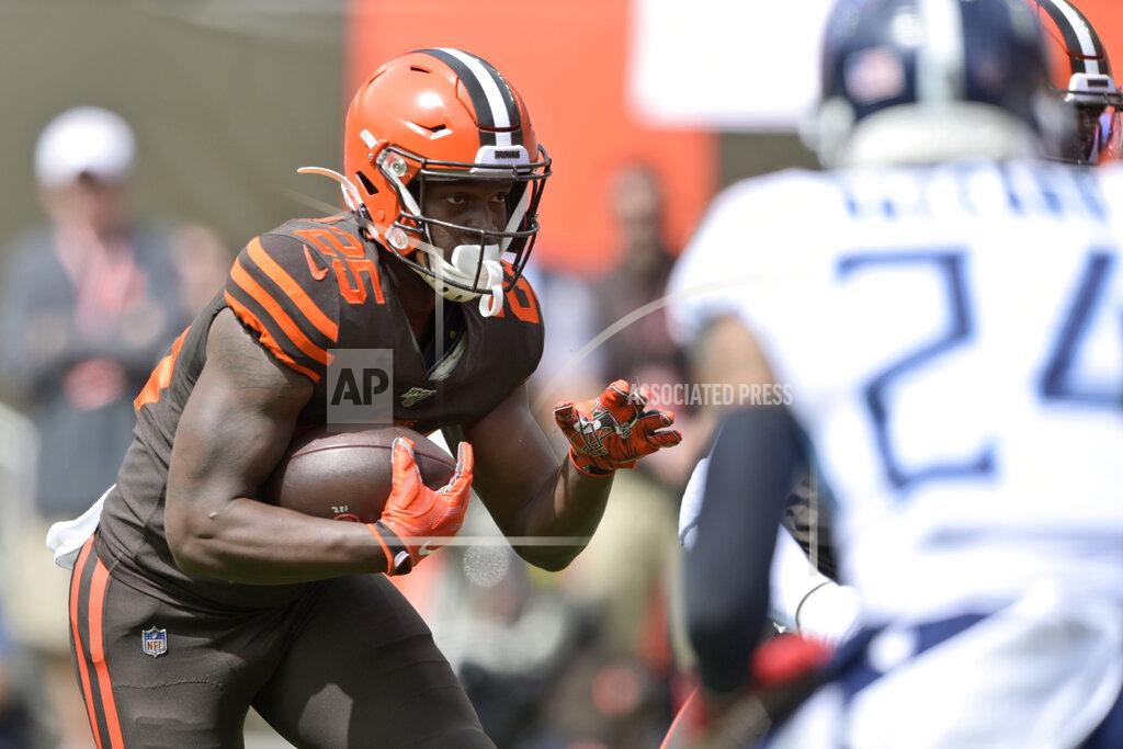 David Richard Cleveland Browns running back Dontrell Hilliard rushes for a 4-yard touchdown during the first half in an NFL football game against the Tennessee Titans, Sunday, Sept. 8, 2019, in Cleveland. (AP Photo/David Richard)
