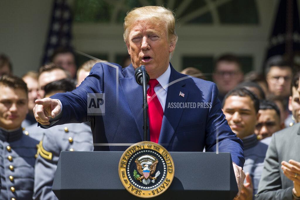 Alex Brandon President Donald Trump speaks during the presentation of the Commander-in-Chief's Trophy to the U.S. Military Academy at West Point football team in the Rose Garden of the White House, Monday, May 6, 2019, in Washington. (AP Photo/Alex Brandon)