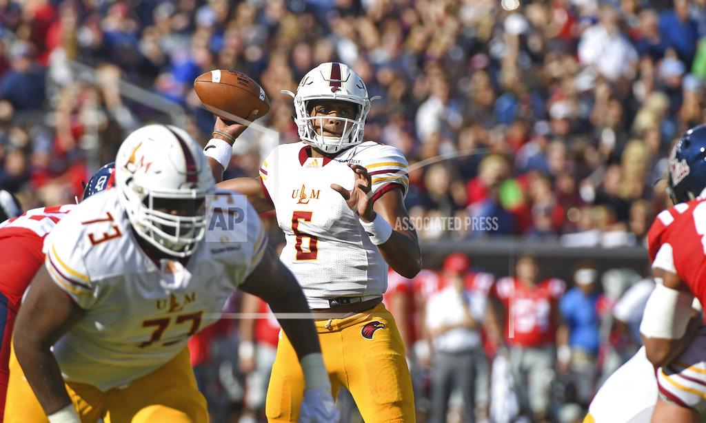 Thomas Graning Louisiana Monroe quarterback Caleb Evans (6) looks to pass during the first half of an NCAA college football game against Mississippi in Oxford, Miss., Saturday, Oct. 6, 2018. (AP Photo/Thomas Graning)