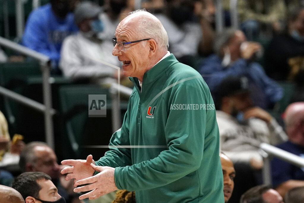 Lynne Sladky Miami head coach Jim Larranaga watches during the second half of an NCAA college basketball game against North Carolina, Tuesday, Jan. 18, 2022, in Coral Gables, Fla. Miami won 85-57. (AP Photo/Lynne Sladky)