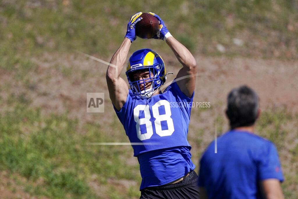 Mark J. Terrill Los Angeles Rams tight end Brycen Hopkins catches a pass during practice for an NFL Super Bowl football game Friday, Feb. 11, 2022, in Thousand Oaks, Calif. The Rams are scheduled to play the Cincinnati Bengals in the Super Bowl on Sunday. (AP Photo/Mark J. Terrill)