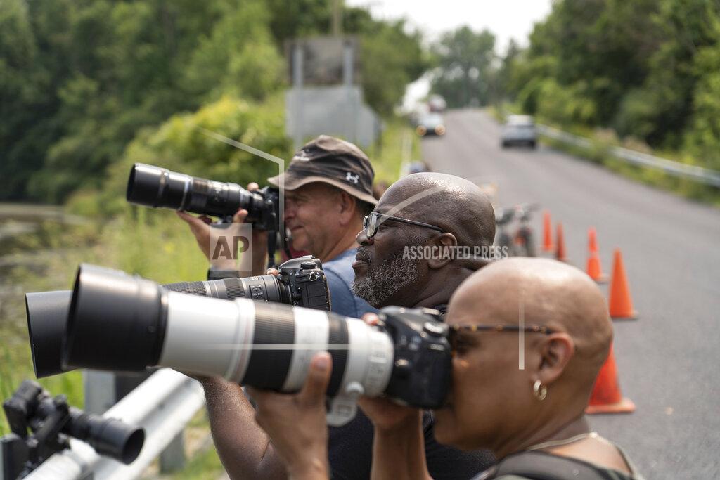 Ryan Garza RJ Jones, center, of Southfield and his wife Cheryl Jones have their cameras ready while standing with others along the roadway along the Koch Warner Drain on Saline-Milan Road in Saline, Mich., on Monday, July 19, 2021 while trying to get a photo of a roseate Spoonbill that has been hanging out in the waterway. The bird typically lives in the Gulf Coast region. (Ryan Garza/Detroit Free Press via AP)