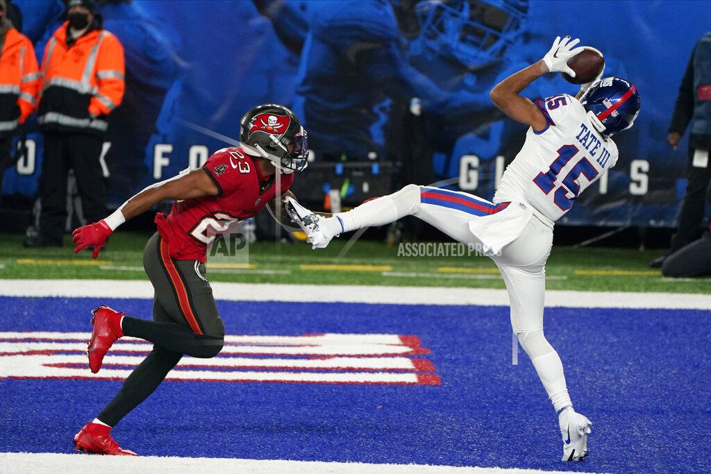 Corey Sipkin New York Giants' Golden Tate, right, catches a touchdown in front of Tampa Bay Buccaneers' Sean Murphy-Bunting during the second half of an NFL football game, Monday, Nov. 2, 2020, in East Rutherford, N.J. (AP Photo/Corey Sipkin)
