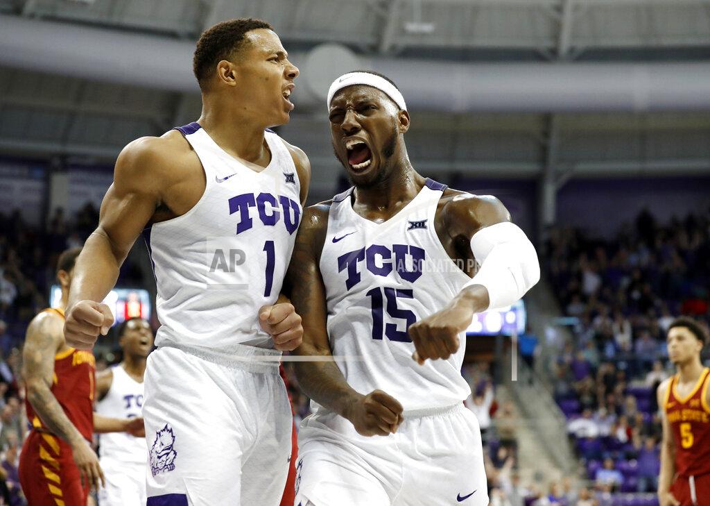 Tony Gutierrez TCU guard Desmond Bane (1) and forward JD Miller (15) celebrate a basket with a foul call against Iowa State by Miller in the final seconds of an NCAA college basketball game in Fort Worth, Texas, Saturday, Feb. 23, 2019. TCU won 75-72. (AP Photo/Tony Gutierrez)