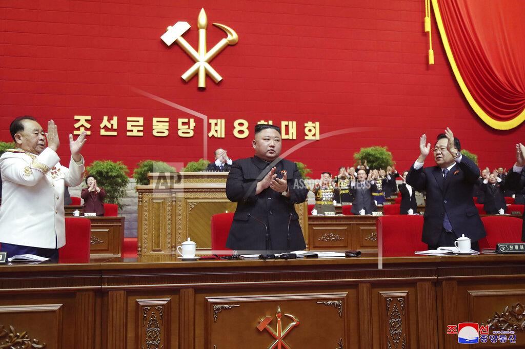 Uncredited In this photo provided by the North Korean government, North Korean leader Kim Jong Un, center, claps his hands at the ruling party congress in Pyongyang, North Korean, Sunday, Jan. 10, 2021. Kim was given a new title, “general secretary” of the ruling Workers’ Party, formerly held by his late father and grandfather, state media reported Monday, Jan. 11, in what appears to a symbolic move aimed at bolstering his authority amid growing economic challenges. Independent journalists were not given access to cover the event depicted in this image distributed by the North Korean government. The content of this image is as provided and cannot be independently verified. Korean language watermark on image as provided by source reads: "KCNA" which is the abbreviation for Korean Central News Agency. (Korean Central News Agency/Korea News Service via AP)