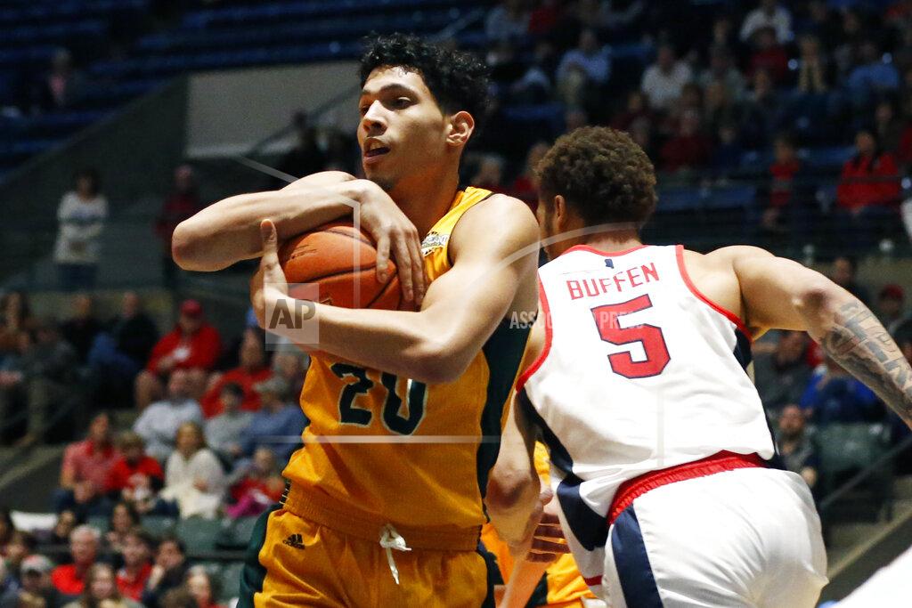 Rogelio V. Solis Southeastern Louisiana forward Brandon Gonzalez (20) holds on to a rebound as Mississippi forward KJ Buffen (5) rushes past during the second half of an NCAA college basketball game, Saturday, Dec. 21, 2019, in Jackson, Miss. Mississippi won 83-76.(AP Photo/Rogelio V. Solis)