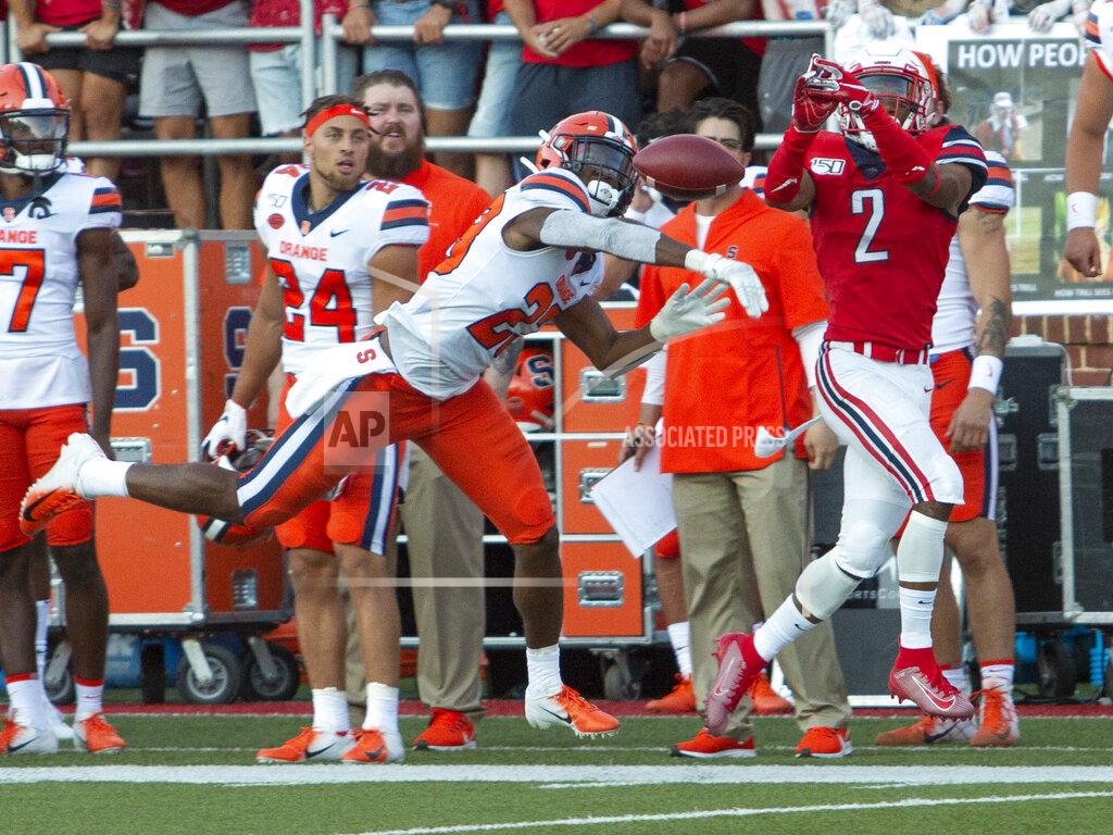 Matt Bell Syracuse's Adrian Cole bats away a pass intended for Liberty wide receiver Kevin Shaa during an NCAA college football game in Lynchburg, Va. Saturday, Aug. 31, 2019. (AP Photo/Matt Bell)