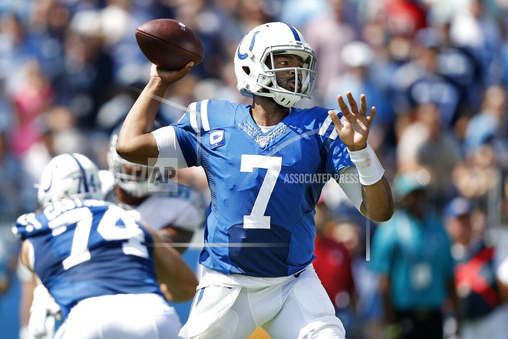 Wade Payne Indianapolis Colts quarterback Jacoby Brissett (7) passes against the Tennessee Titans in the first half of an NFL football game Sunday, Sept. 15, 2019, in Nashville, Tenn. (AP Photo/Wade Payne)