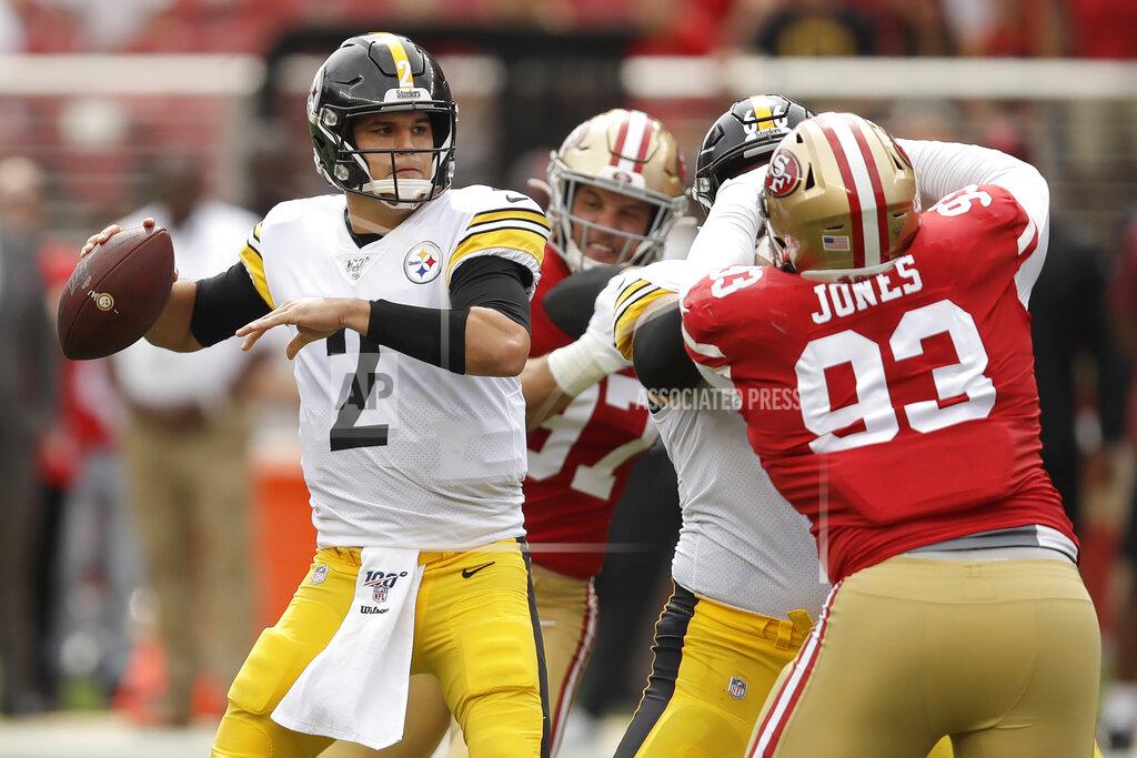 Ben Margot Pittsburgh Steelers quarterback Mason Rudolph (2) passes against the San Francisco 49ers during the first half of an NFL football game in Santa Clara, Calif., Sunday, Sept. 22, 2019. (AP Photo/Ben Margot)