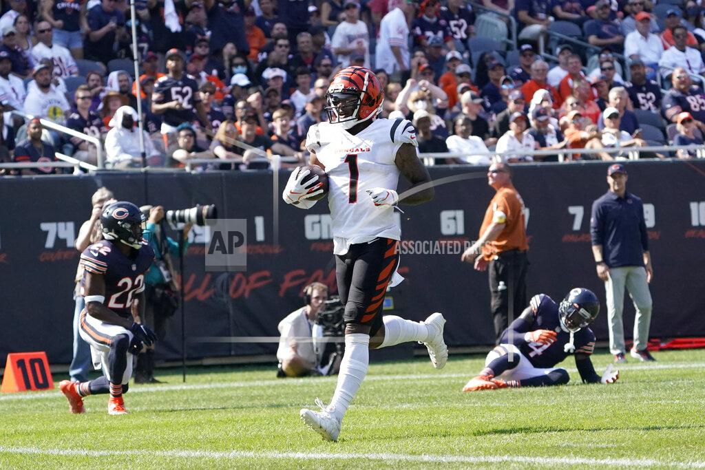 David Banks Cincinnati Bengals wide receiver Ja'Marr Chase scores during the second half of an NFL football game against the Chicago Bears Sunday, Sept. 19, 2021, in Chicago. The Bears won 20-17. (AP Photo/David Banks)