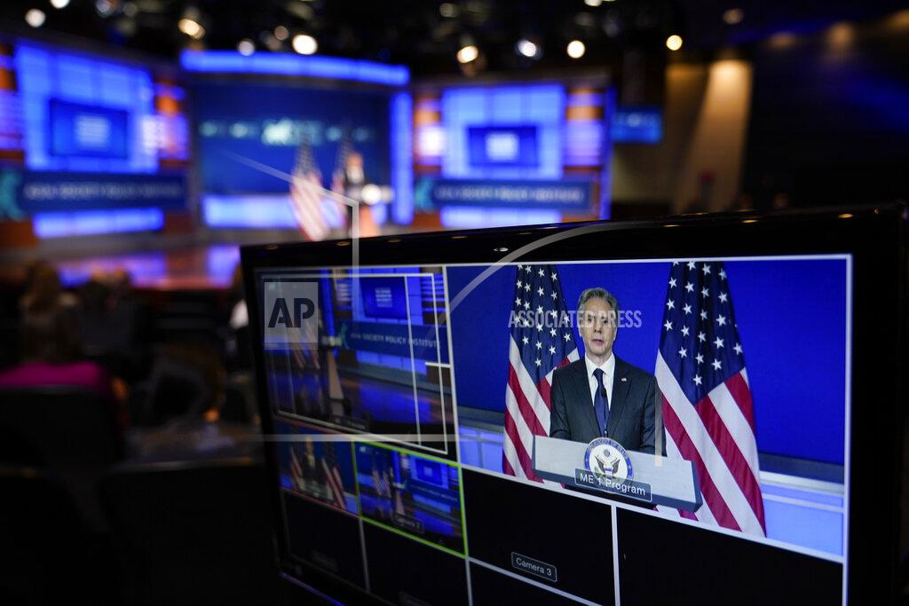 Carolyn Kaster Secretary of State Antony Blinken is seen on a monitor as he speaks at George Washington University in Washington, Thursday, May 26, 2022, outlining the administration's policy toward China at an event hosted by the Asia Society. (AP Photo/ Carolyn Kaster)