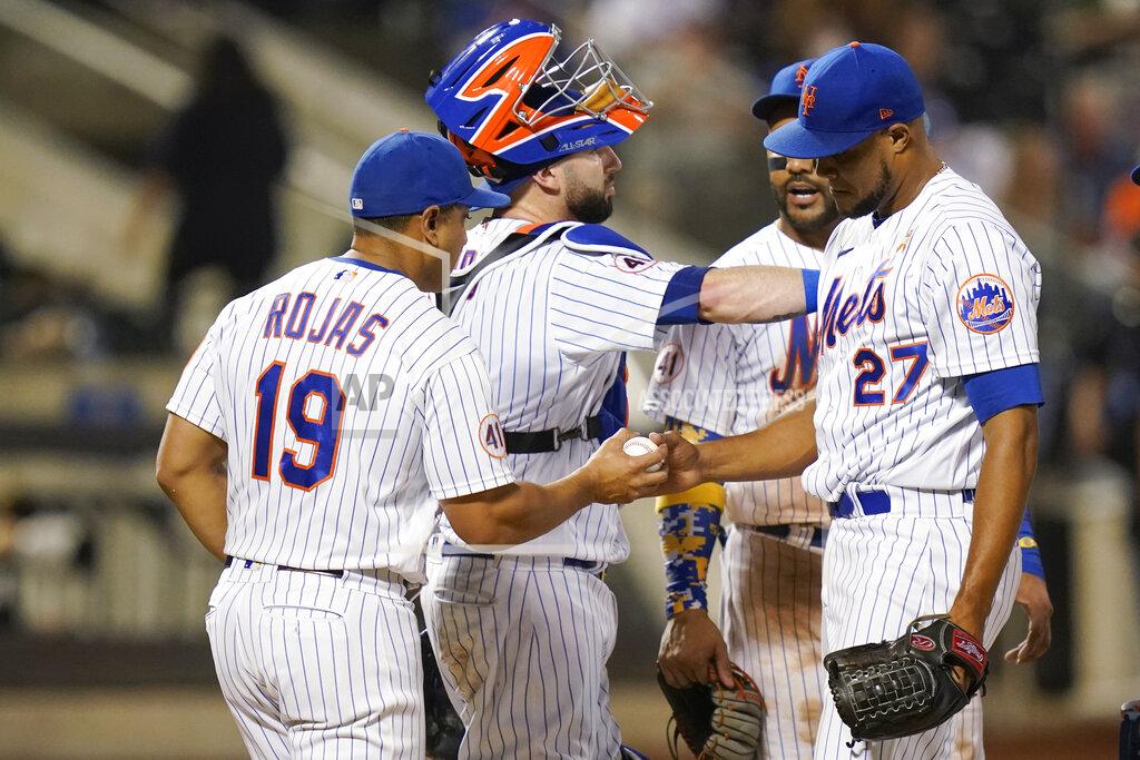 Frank Franklin Ii New York Mets manager Luis Rojas (19) takes the ball from relief pitcher Jeurys Familia (27) during the eighth inning of the team's baseball game against the St. Louis Cardinals on Tuesday, Sept. 14, 2021, in New York. (AP Photo/Frank Franklin II)