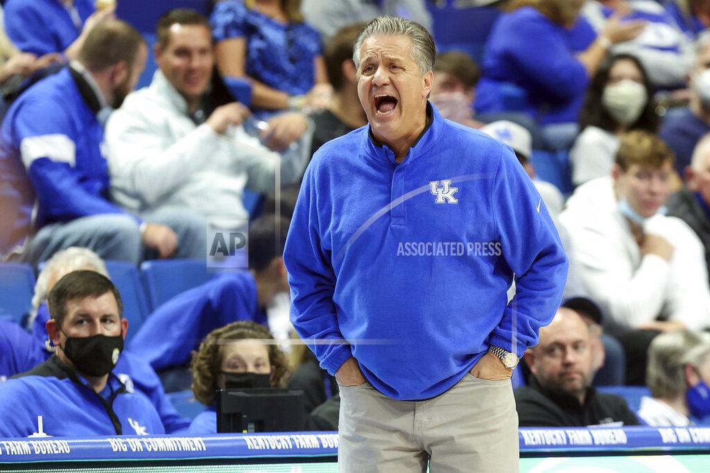 Kentucky coach John Calipari urges his team on during an NCAA college basketball exhibition game against Kentucky Wesleyan in Lexington, Ky., Friday, Oct. 29, 2021. (AP Photo/James Crisp)