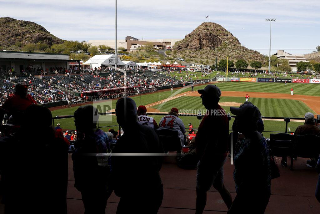 Fans watch a spring training baseball game between the Los Angeles Angels and the San Diego Padres, Thursday, Feb. 27, 2020, in Tempe, Ariz. (AP Photo/Darron Cummings)