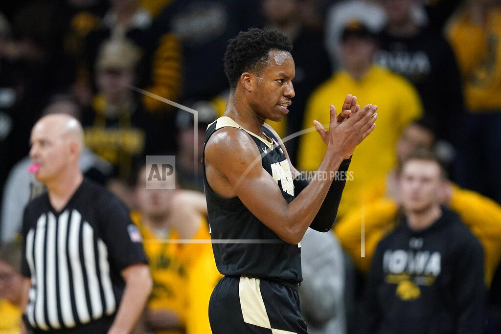 Charlie Neibergall Purdue guard Eric Hunter Jr. reacts during the first half of an NCAA college basketball game against Iowa, Thursday, Jan. 27, 2022, in Iowa City, Iowa. (AP Photo/Charlie Neibergall)