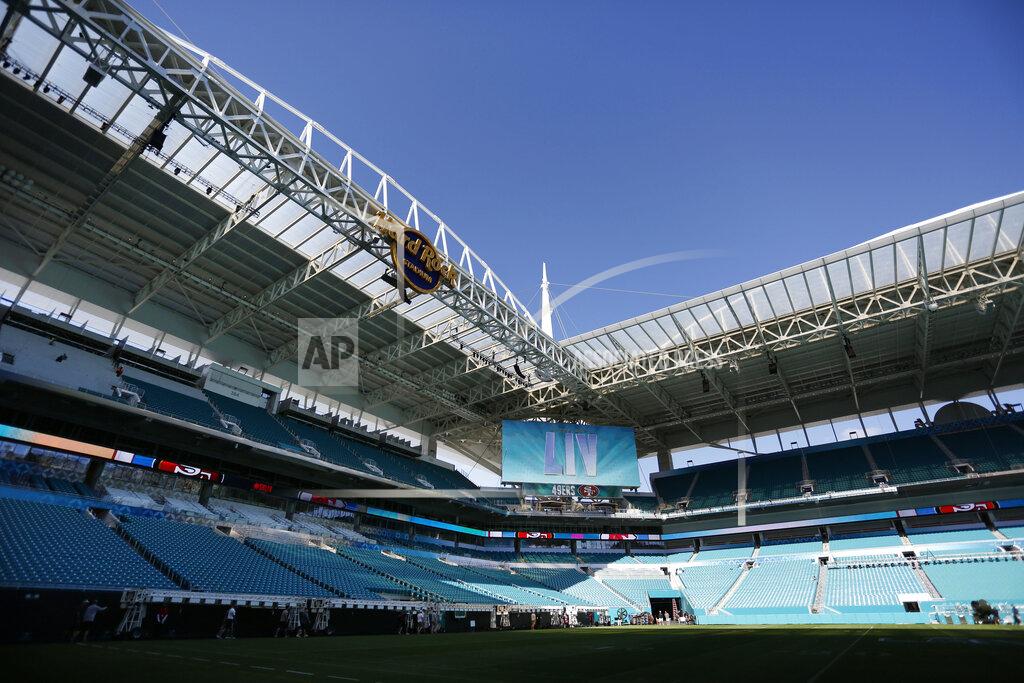 Brynn Anderson Preparations are underway during a tour of the Hard Rock Stadium on Tuesday, Jan. 21, 2020, ahead of the NFL Super Bowl LIV football game in Miami Gardens, Fla. (AP Photo/Brynn Anderson)