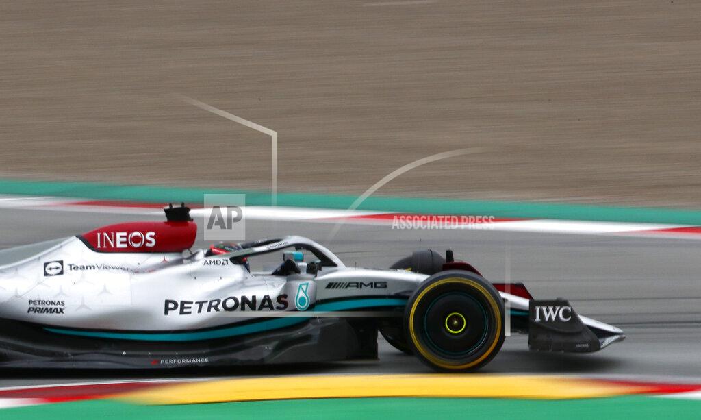 Mercedes driver George Russell of Britain steers his car during a Formula One pre-season testing session at the Catalunya racetrack in Montmelo, just outside of Barcelona, Spain, Friday, Feb. 25, 2022. (AP Photo/Joan Monfort)