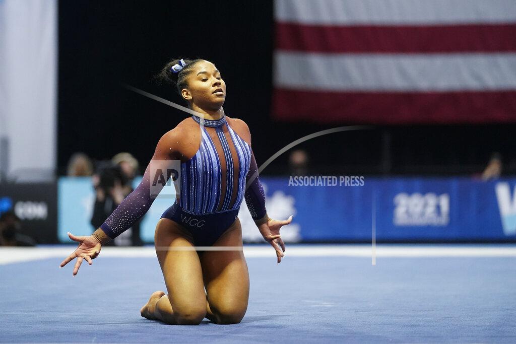 Darron Cummings Jordan Chiles performs in the floor exercise during the Winter Cup gymnastics competition, Saturday, Feb. 27, 2021, in Indianapolis. (AP Photo/Darron Cummings)
