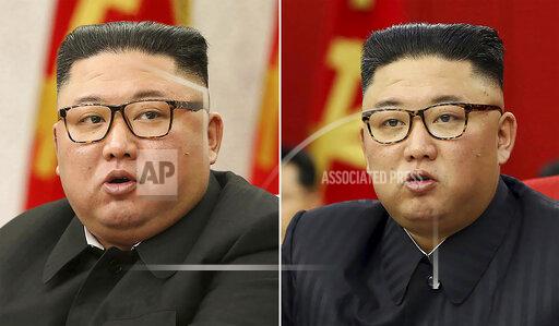 FILE - This combination of file photos provided by the North Korean government, shows North Korean leader Kim Jong Un at Workers' Party meetings in Pyongyang, North Korea, on Feb. 8, 2021, left, and June 15, 2021. Kim has recently lost about 20 kilograms (44 pounds), but he remains healthy and tries to boost a public loyalty toward him in the face of worsening economic difficulties, South Korea’s spy agency told lawmakers Thursday, Oct. 28, 2021. (Korean Central News Agency/Korea News Service via AP, File)