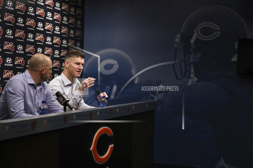 Stacey Wescott Chicago Bears head coach Matt Nagy, left, and general manager Ryan Pace speak during an NFL football press conference at Halas Hall on Tuesday, Dec. 31, 2019, in Lake Forest, Ill. (Stacey Wescott/Chicago Tribune via AP)