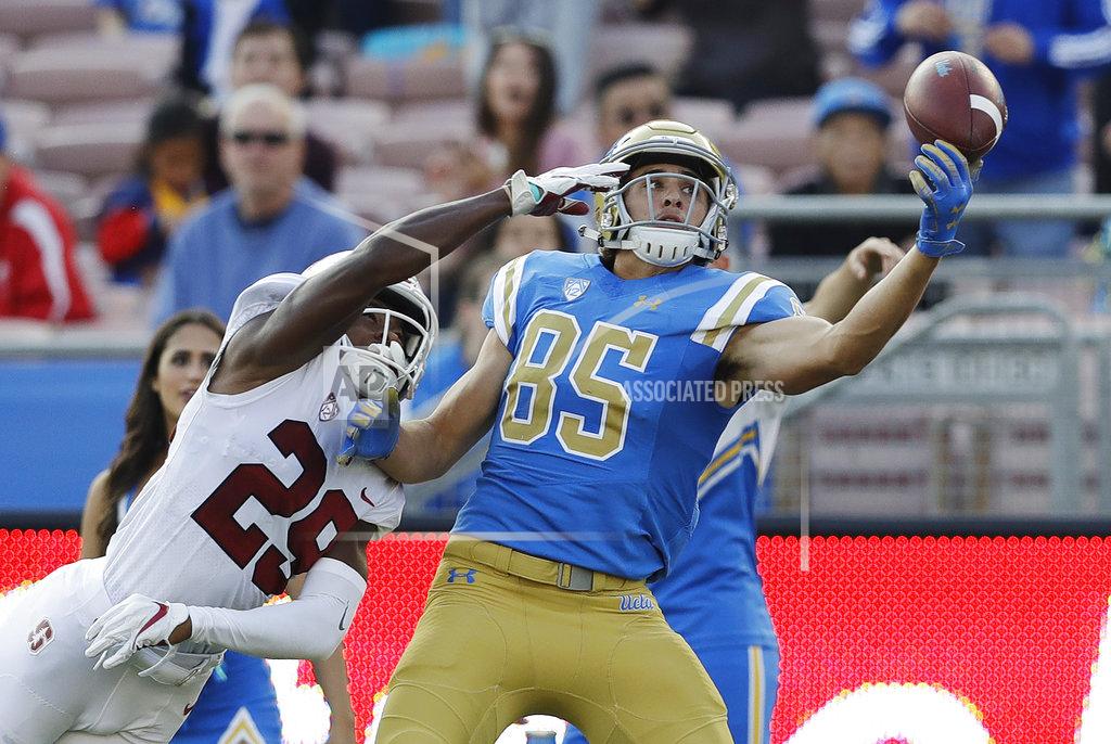 Marcio Jose Sanchez UCLA tight end Greg Dulcich (85) fails to make a one-handed catch as Stanford cornerback Kendall Williamson (29) defends during the second half of an NCAA college football game Saturday, Nov. 24, 2018, in Pasadena, Calif. (AP Photo/Marcio Jose Sanchez)