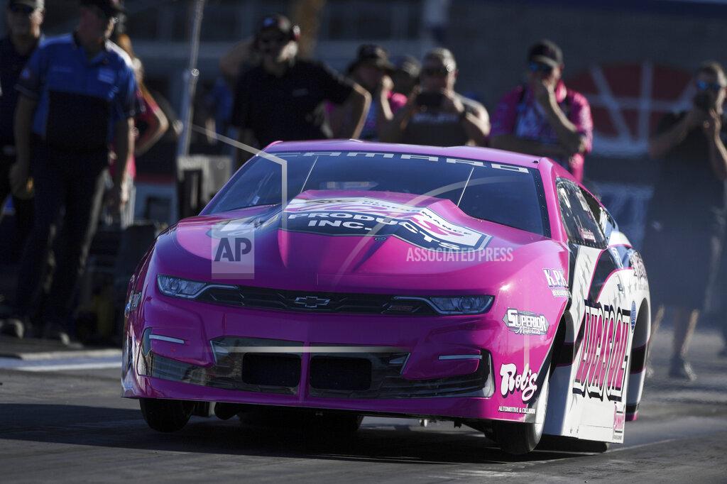 Jerry Foss In this photo provided by the NHRA, Kyle Koretsky drives in Pro Stock qualifying Friday, Oct. 29, 2021, at the Dodge//SRT NHRA Nationals drag races at The Strip at Las Vegas Motor Speedway in Las Vegas. (Jerry Foss/NHRA via AP)