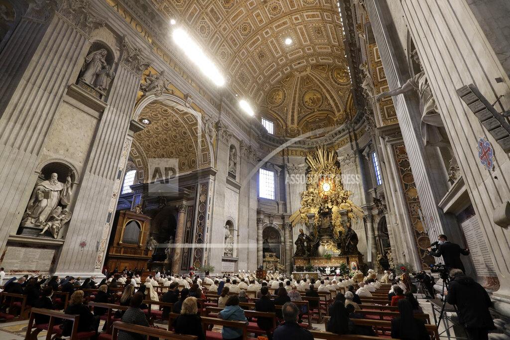Andrew Medichini Pope Francis celebrates a Chrism Mass inside St. Peter's Basilica, at the Vatican, Thursday, April 1, 2021. During the Mass the Pontiff blesses a token amount of oil that will be used to administer the sacraments for the year. (AP Photo/Andrew Medichini pool)