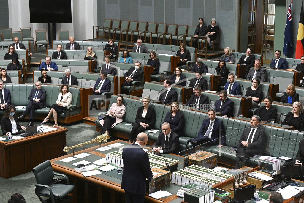 Mick Tsikas Leader of the Opposition Peter Dutton speaking on a condolence motion in the House of Representatives at Parliament House, in Friday, Sept. 23, 2022. Australian lawmakers on Friday paid tribute to Queen Elizabeth II, with some also weighing in on the republic debate, after they returned to parliament from a break taken to observe the queen's death. (Mick Tsikas/AAP Image via AP)