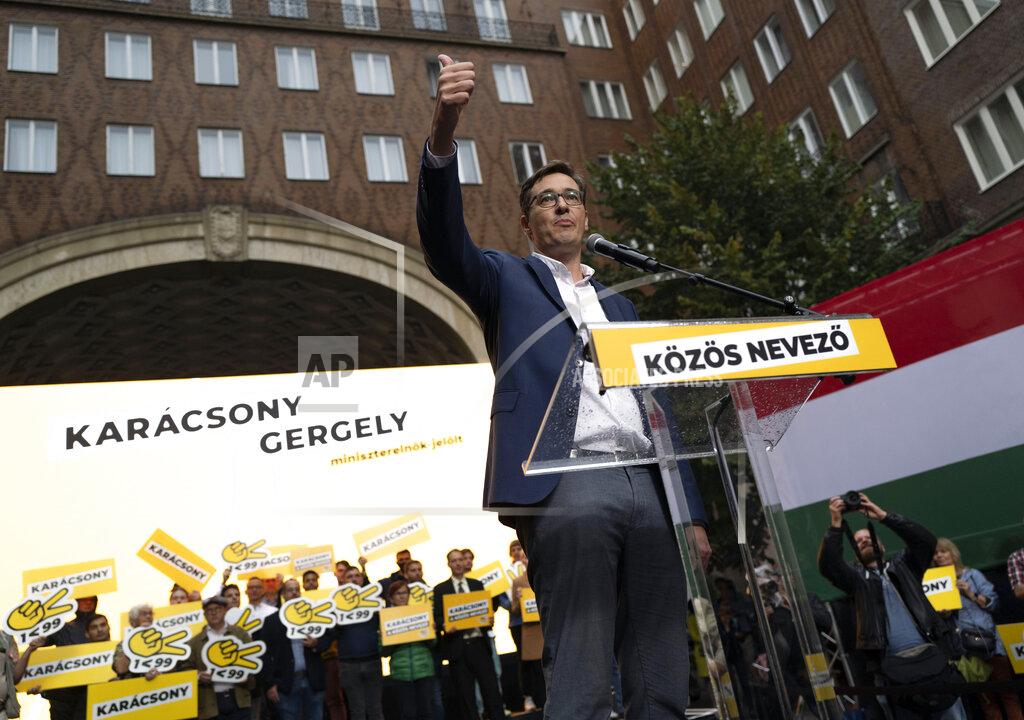 Bela Szandelszky Budapest mayor Gergely Karacsony, one of the frontrunners in a race to unseat Hungary's Prime Minister Viktor Orban, holding a campaign event in Budapestt, Hungary on Sept. 17, 2021. The rally marked the start of a primary election that will choose a joint opposition candidate to face off with Hungary's hardline leader in polls next year. (AP Photo/Bela Szandelszky)