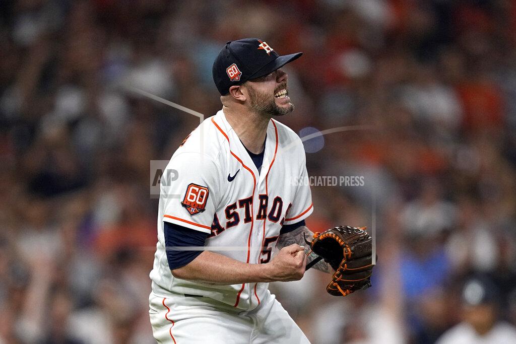 David J. Phillip Houston Astros relief pitcher Ryan Pressly celebrates after a baseball game against the New York Yankees Thursday, June 30, 2022, in Houston. The Astros won 2-1. (AP Photo/David J. Phillip)